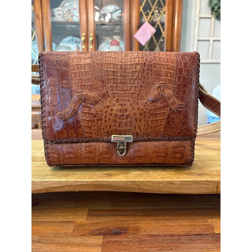 Unbranded Alligator Skin Handbag Women Small Brown Good Vintage Taxidermy Claw